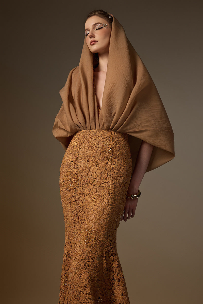 V Neck Mermaid Gown With Hooded Cape In Bloom Rose Lace & Organza