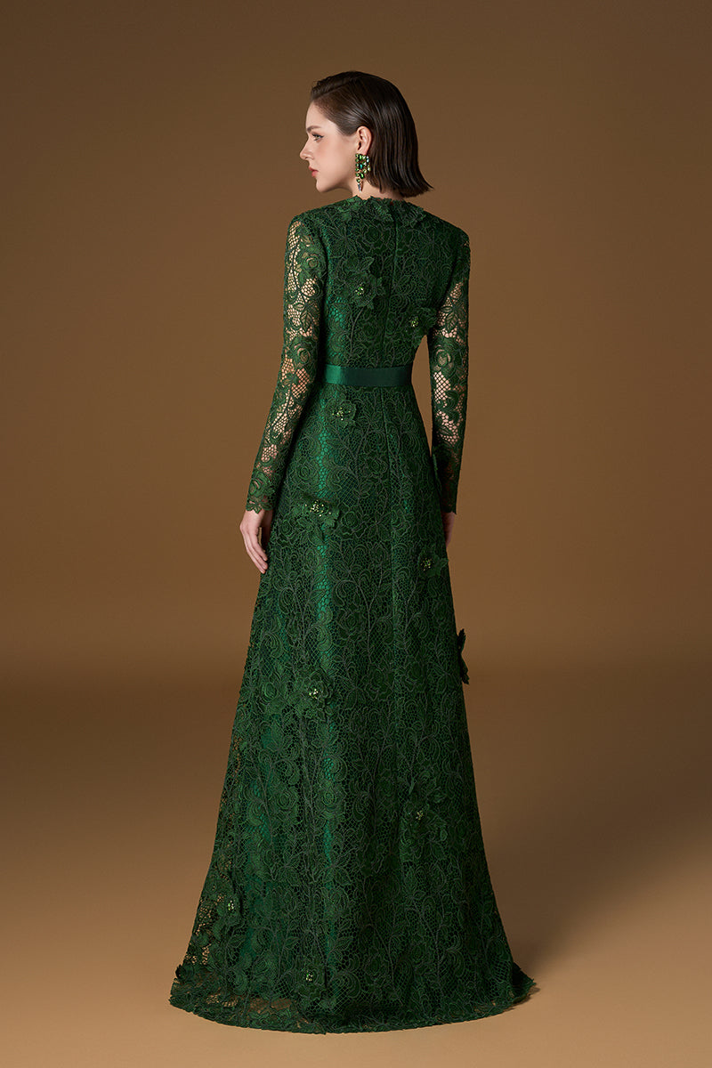 V Neck A-line Gown With Long Sleeves In Green Guipure Lace