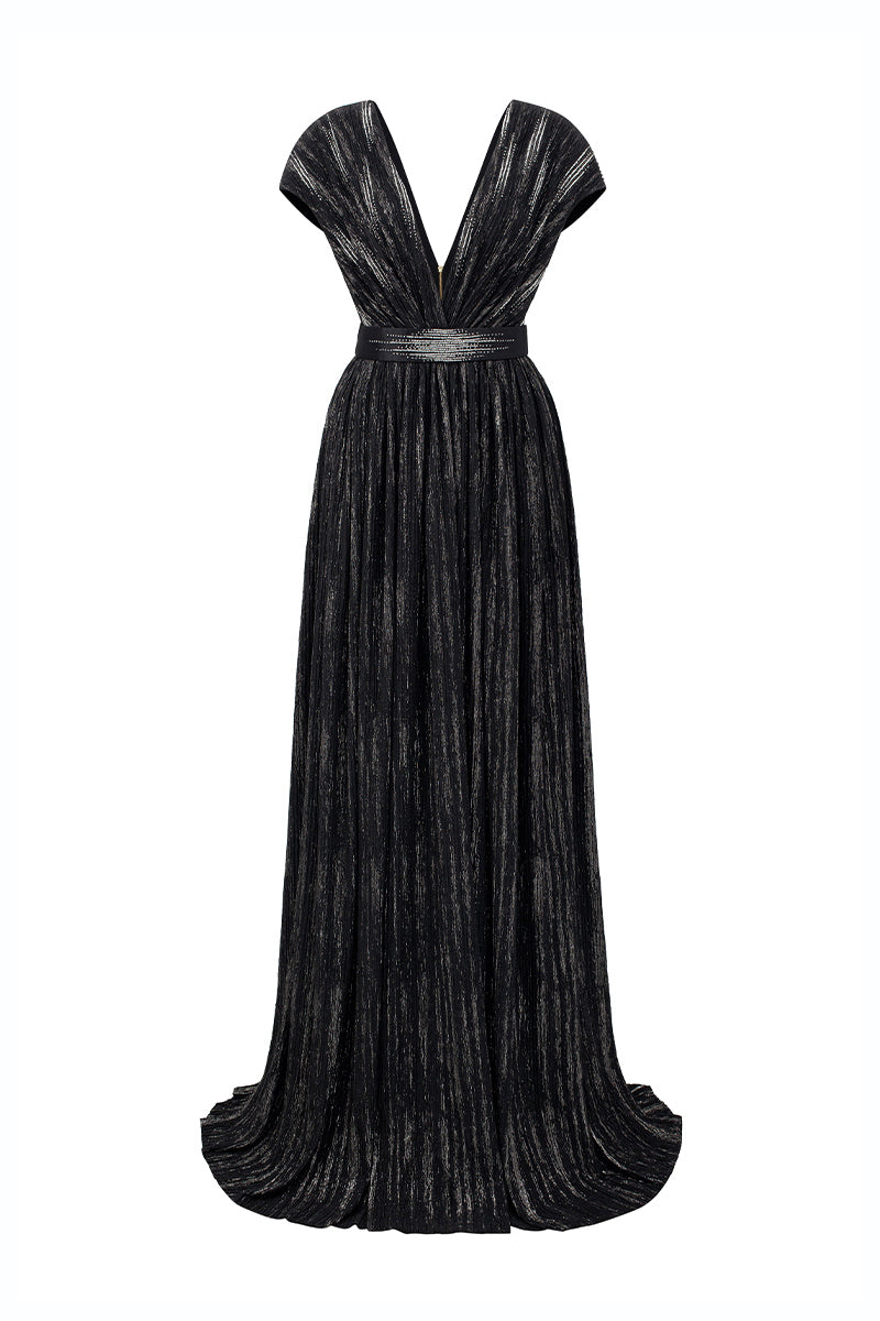 V Neck A-line Gown With Sleeveless In Black Metallic Striped Jersey