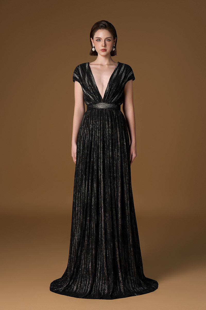 V Neck A-line Gown With Sleeveless In Black Metallic Striped Jersey