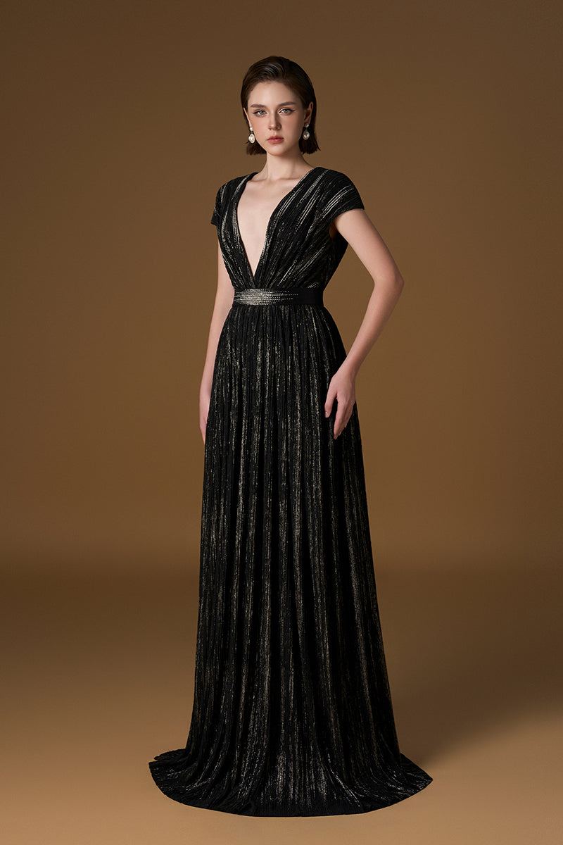 V Neck A-line Gown With Sleeveless In Black Metallic Striped Jersey