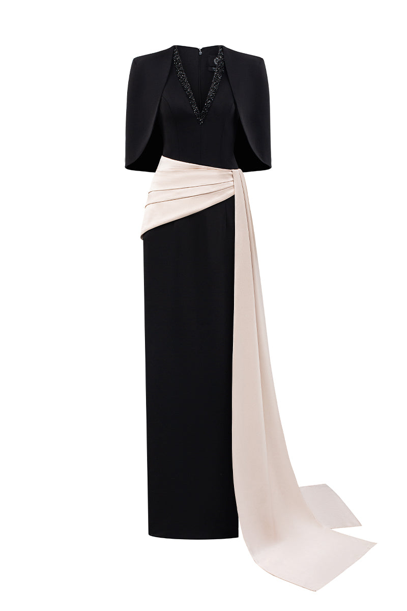 V Neck Column Gown With Asymmetric Draped Detail, Mini Cape In Black Crepe And Ivory Silk