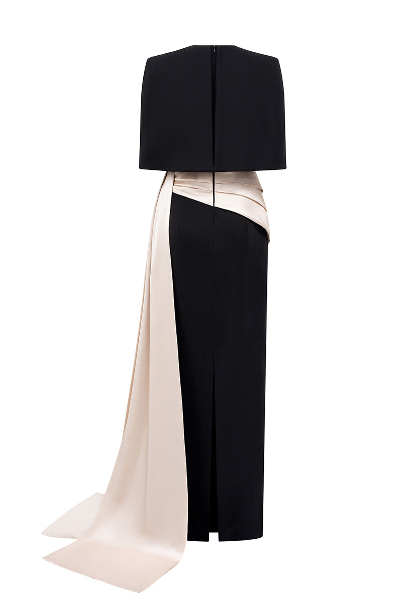 V Neck Column Gown With Asymmetric Draped Detail, Mini Cape In Black Crepe And Ivory Silk