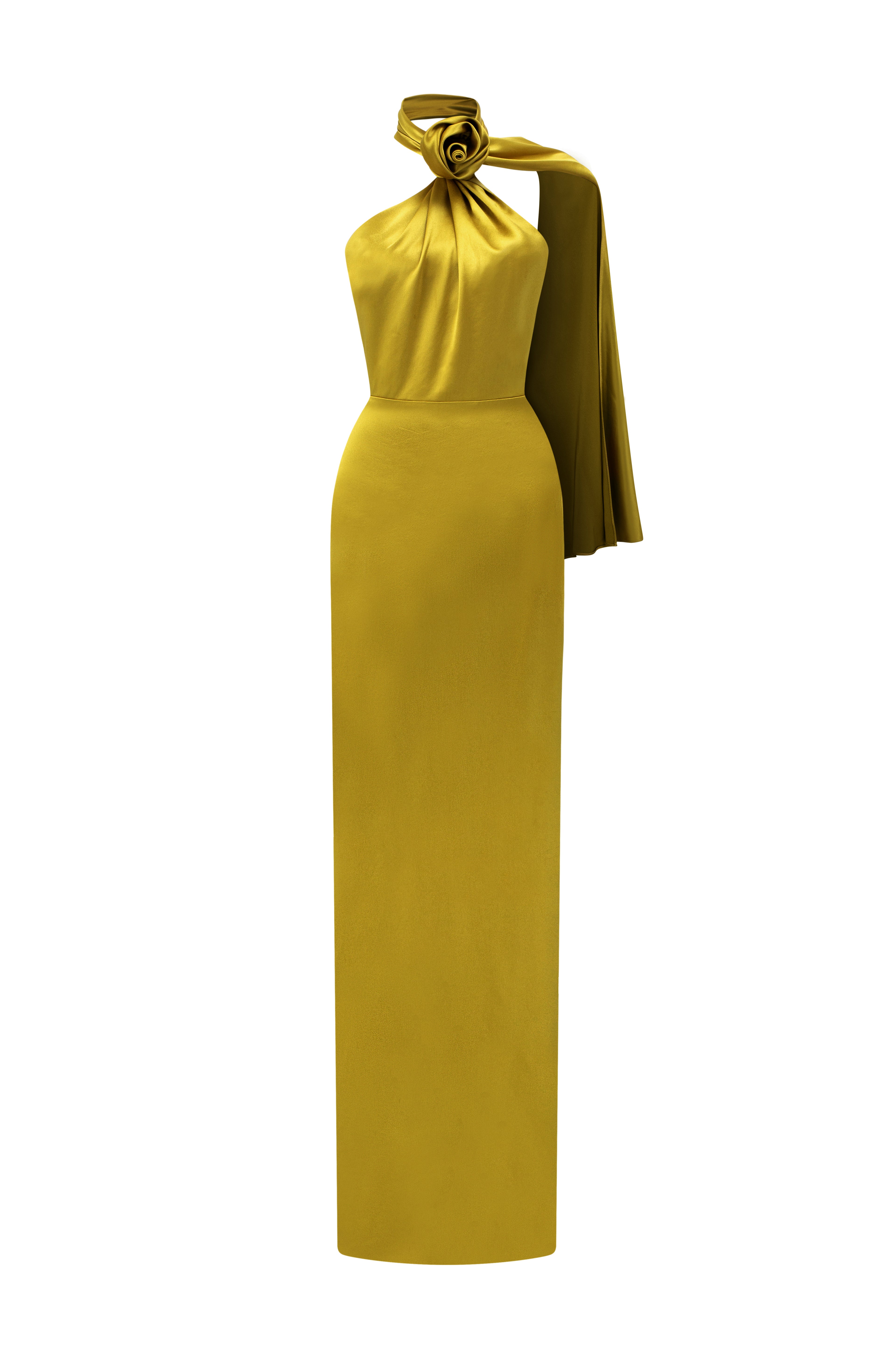 Yellow Satin Silk Halter Dress With Cross Detail And Pleated Drape
