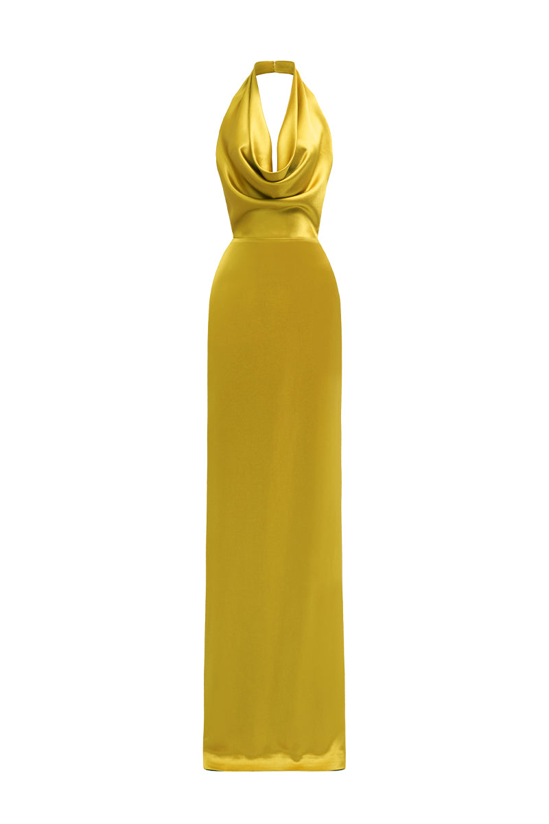 Yellow Satin Silk Halter Dress With Pleated Detailing