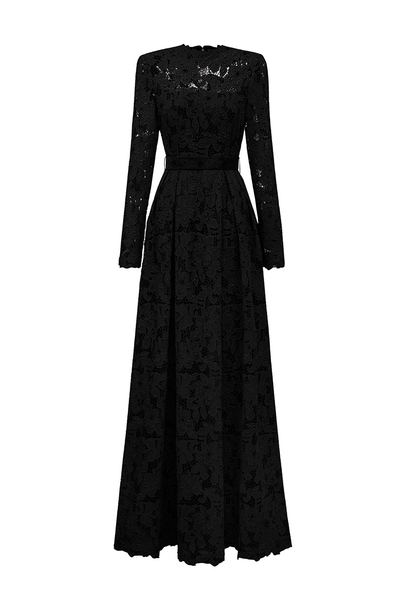 A-Line Round Neck Gown With Long Sleeves In Black Tulip Guipure Lace | I.H.F ATELIER