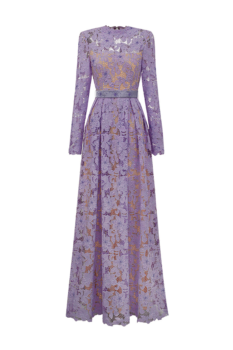 A-Line Round Neck Gown With Long Sleeves In Light Purple Tulip Guipure Lace | I.H.F ATELIER