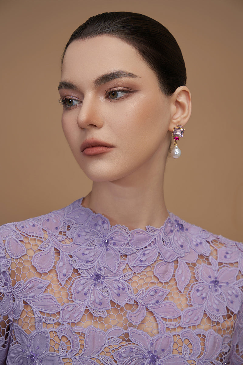 A-Line Round Neck Gown With Long Sleeves In Light Purple Tulip Guipure Lace | I.H.F ATELIER