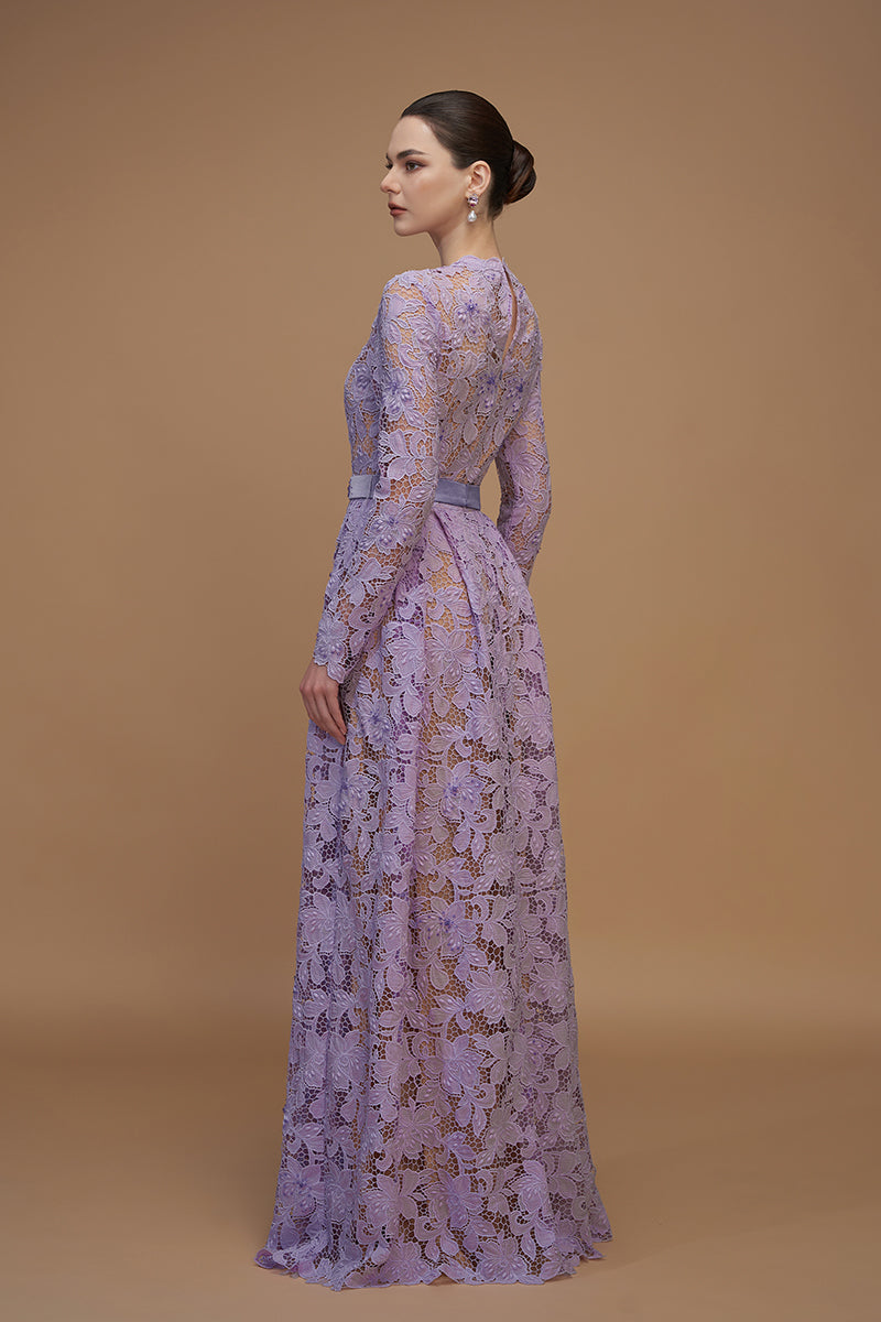 A-Line Round Neck Gown With Long Sleeves In Light Purple Tulip Guipure Lace | I.H.F ATELIER