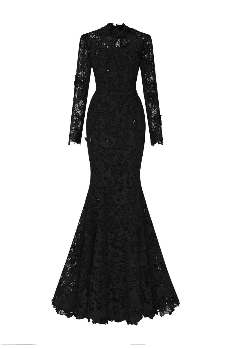 Round Neck Mermaid Gown With Long Sleeves In Black Guipure Lace