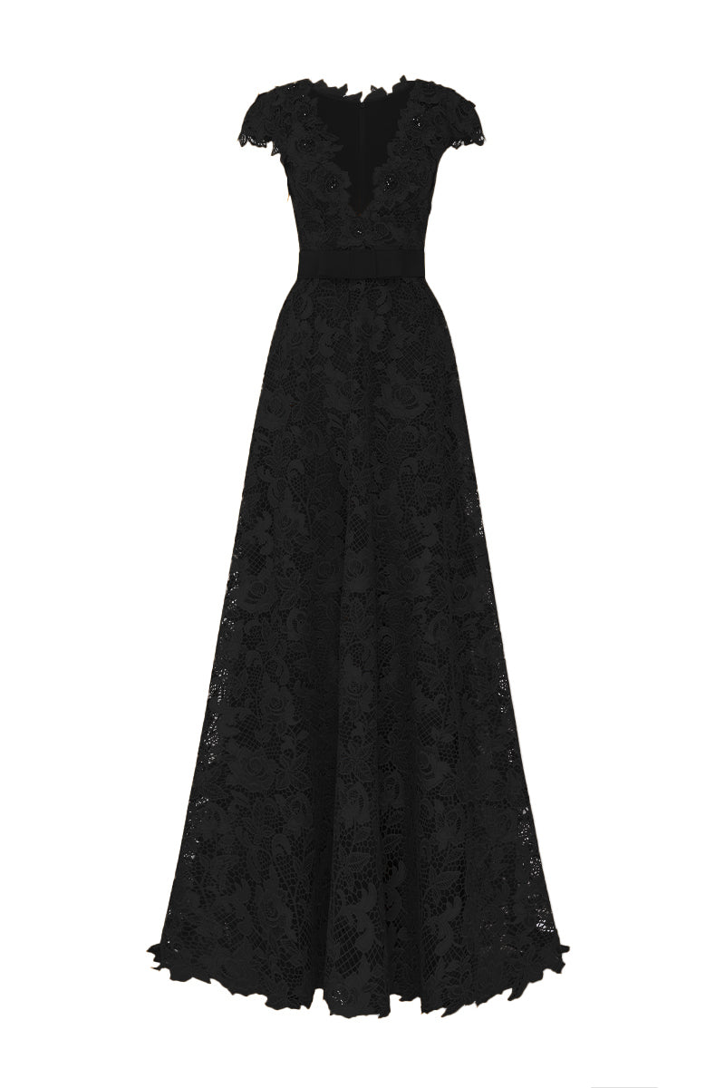 V-Neck Sleeveless A-Line Gown In Black Guipure Lace