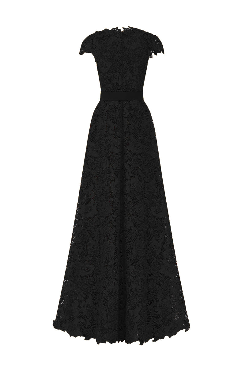 V-Neck Sleeveless A-Line Gown In Black Guipure Lace