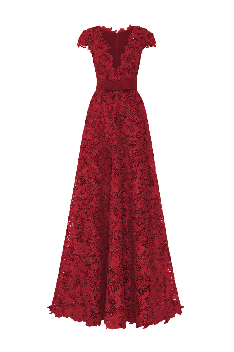 V-Neck Sleeveless A-Line Gown In Red Guipure Lace