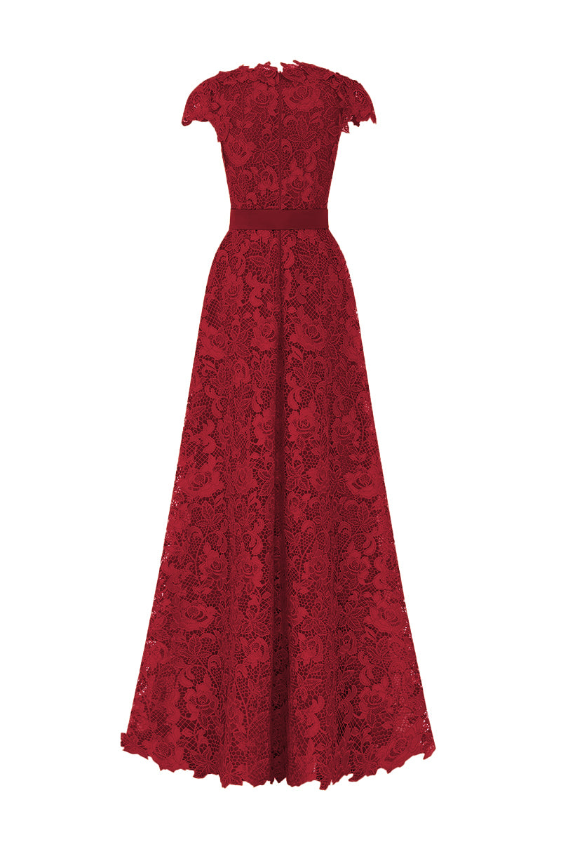 V-Neck Sleeveless A-Line Gown In Red Guipure Lace