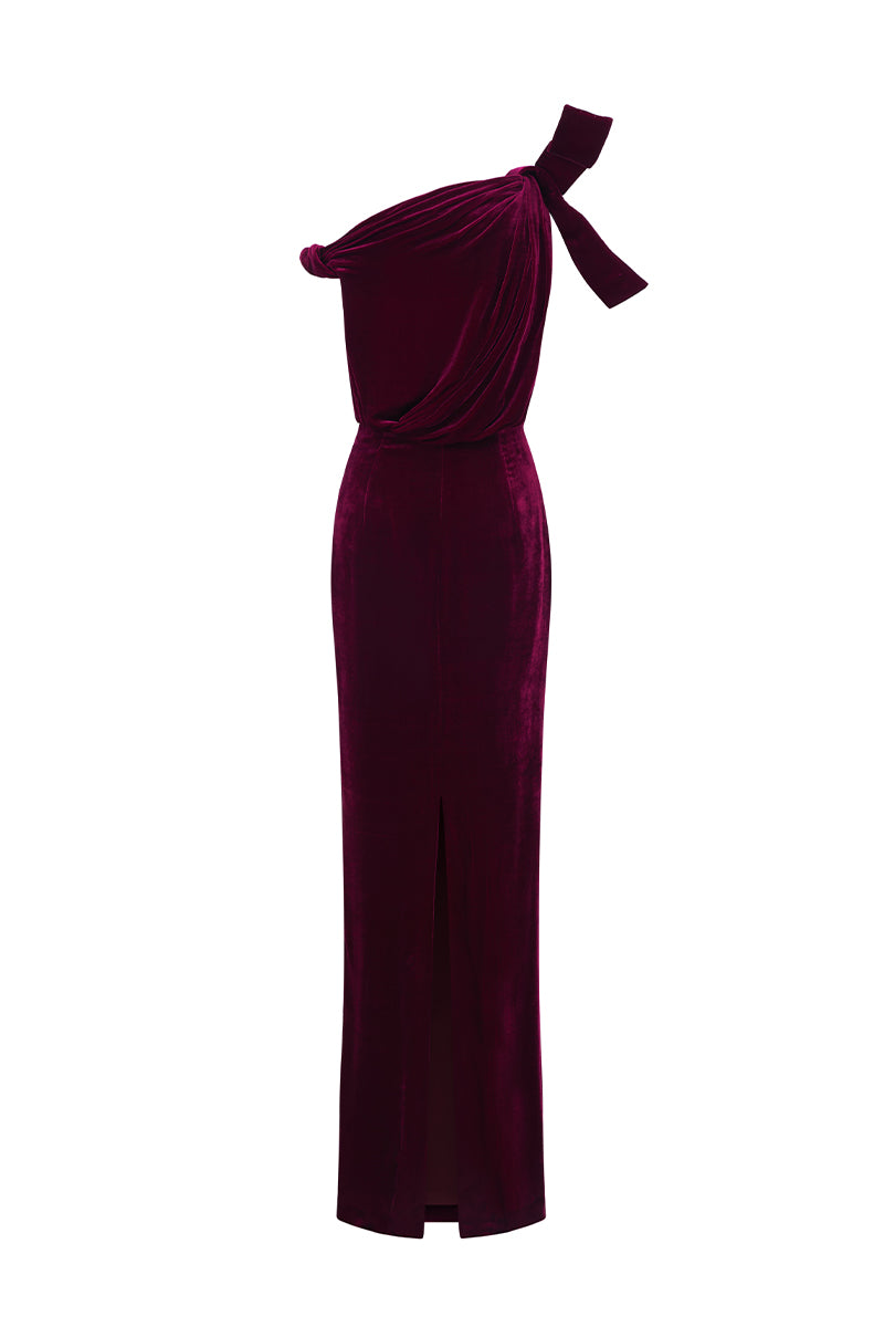 Asymmetric One-Shoulder Column Gown With Flow Drape Detail In Dark Pink Velvet | I.H.F ATELIER