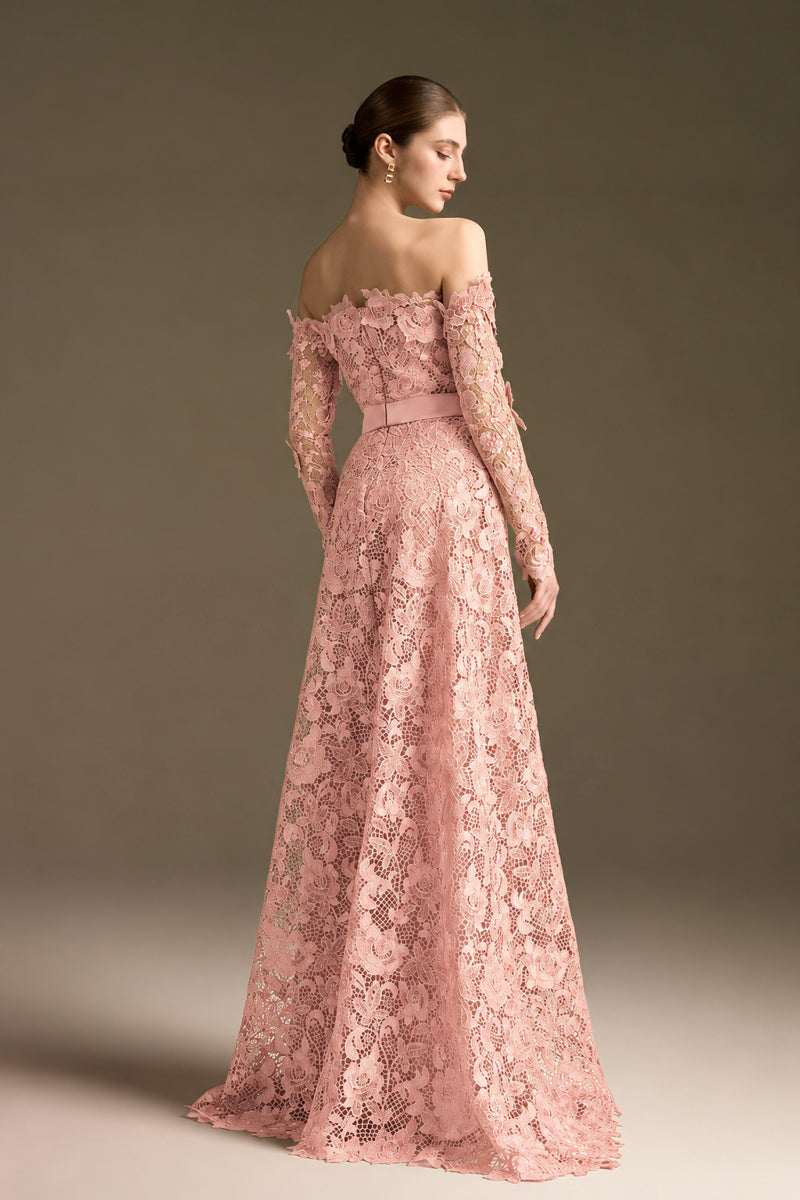 Light Pink Long Sleeves Off-Shoulder A-Line Gown