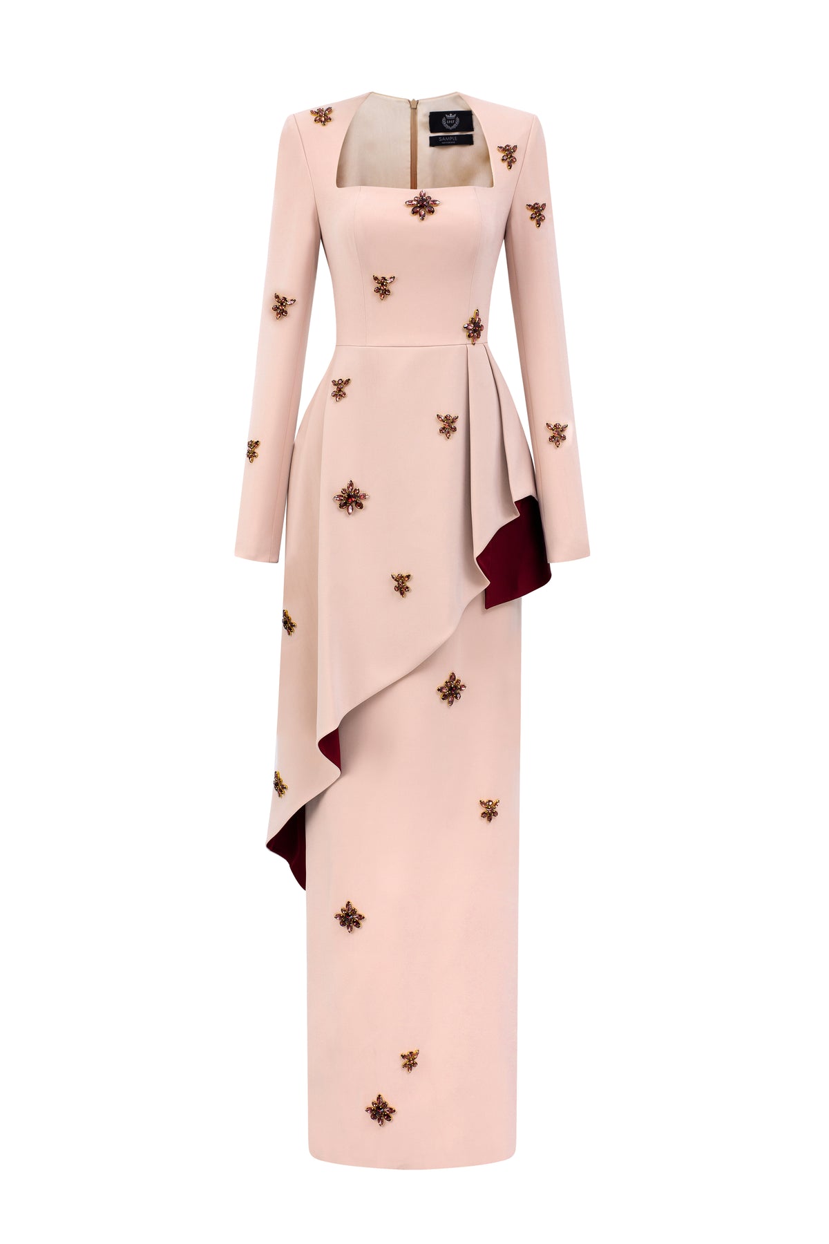 Beige Crepe Trapeze-Neck Tie Dress With Diagonal Hip Drape | I.H.F ATELIER