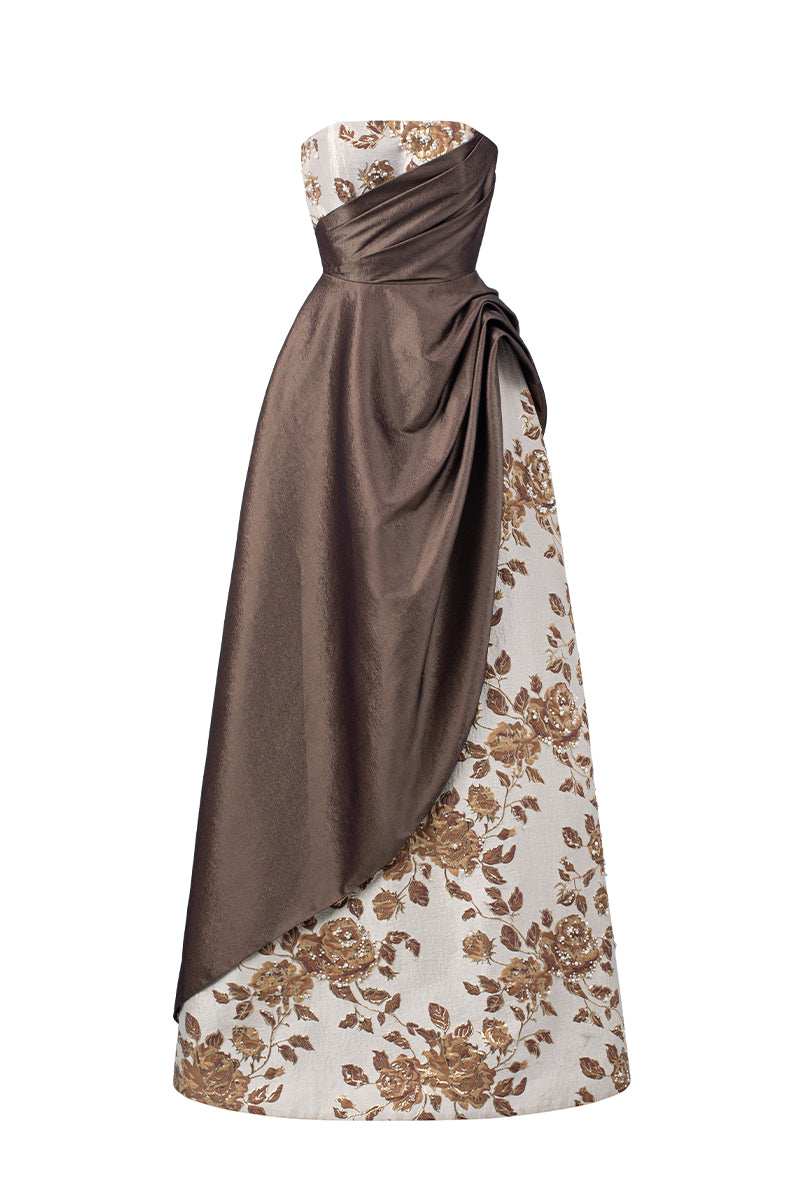 Bustier A-Line Gown With Asymmetric Draped Detail In Brown Rose Branch Brocade & Taffeta | I.H.F ATELIER