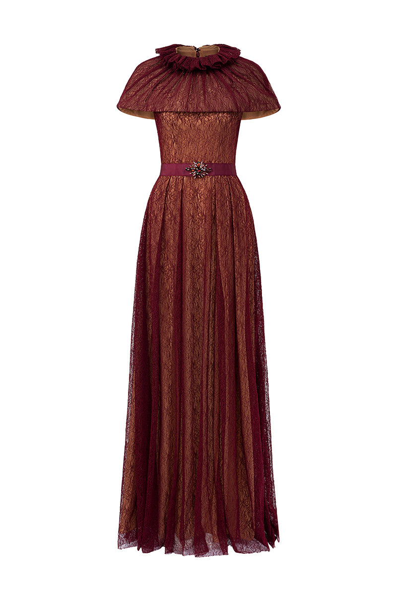 Bustier A-line Gown With Mini Cape In Dark Red Lace | I.H.F ATELIER