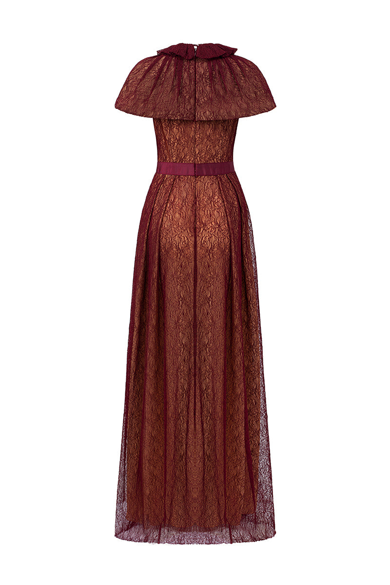 Bustier A-line Gown With Mini Cape In Dark Red Lace | I.H.F ATELIER