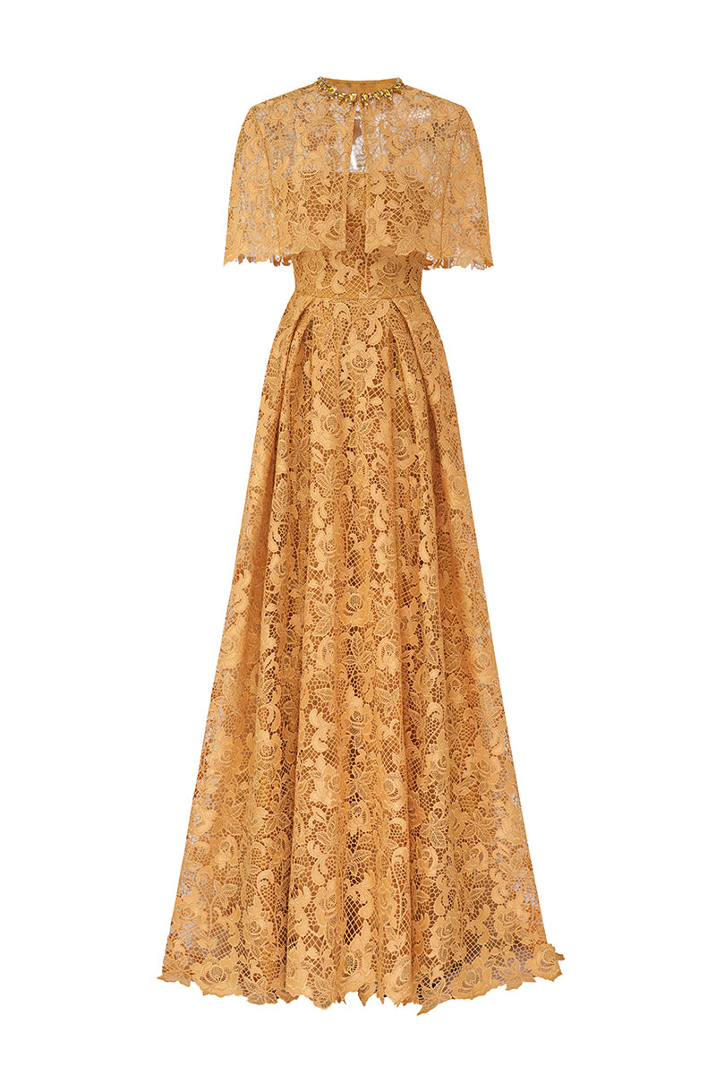 Bustier A-Line Gown With Mini Cape In Guipure Lace | I.H.F ATELIER