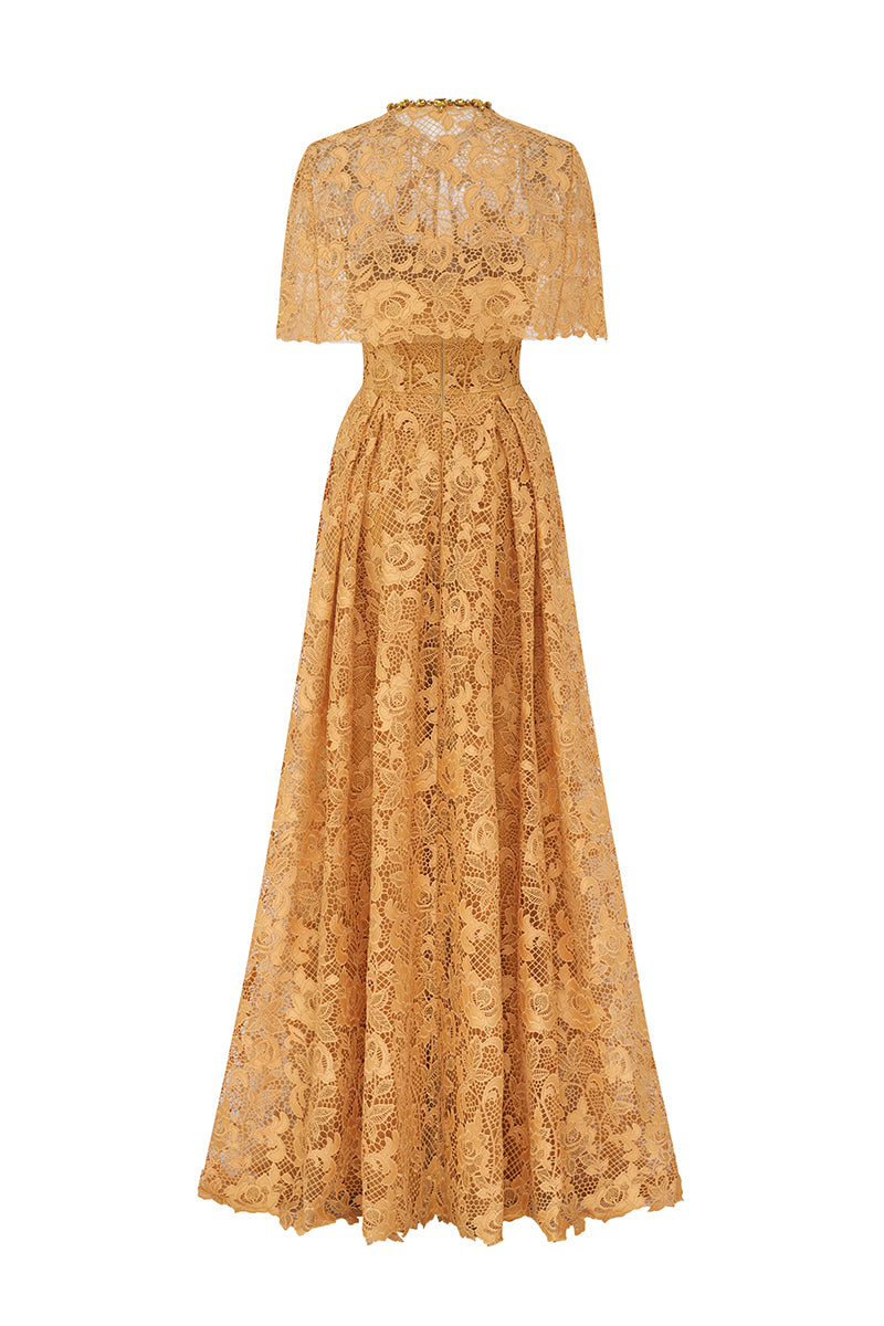 Bustier A-Line Gown With Mini Cape In Guipure Lace | I.H.F ATELIER