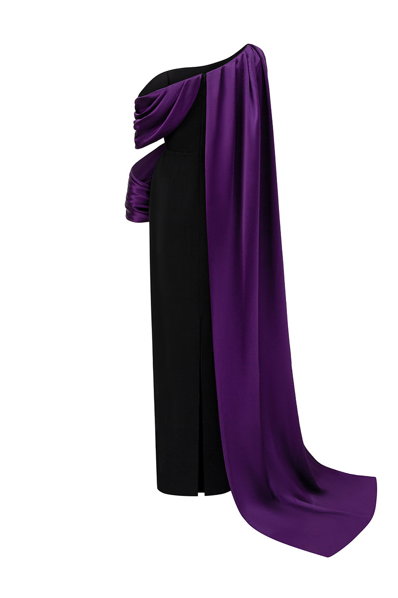 Bustier Column Gown With Asymmetric Draped Details In Black Crepe And Purple Silk | I.H.F ATELIER