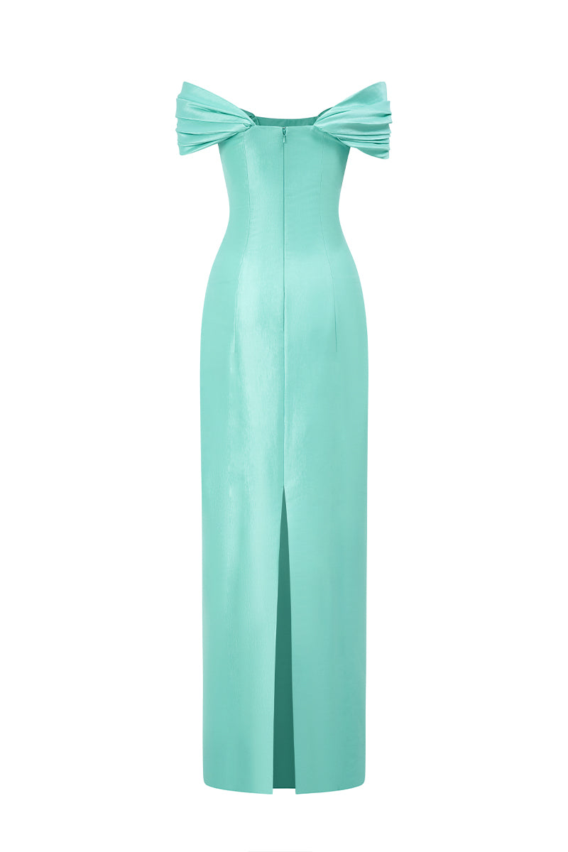 Bustier Column Gown With Draped Off-Shoulder Details In Mint Taffeta | I.H.F ATELIER