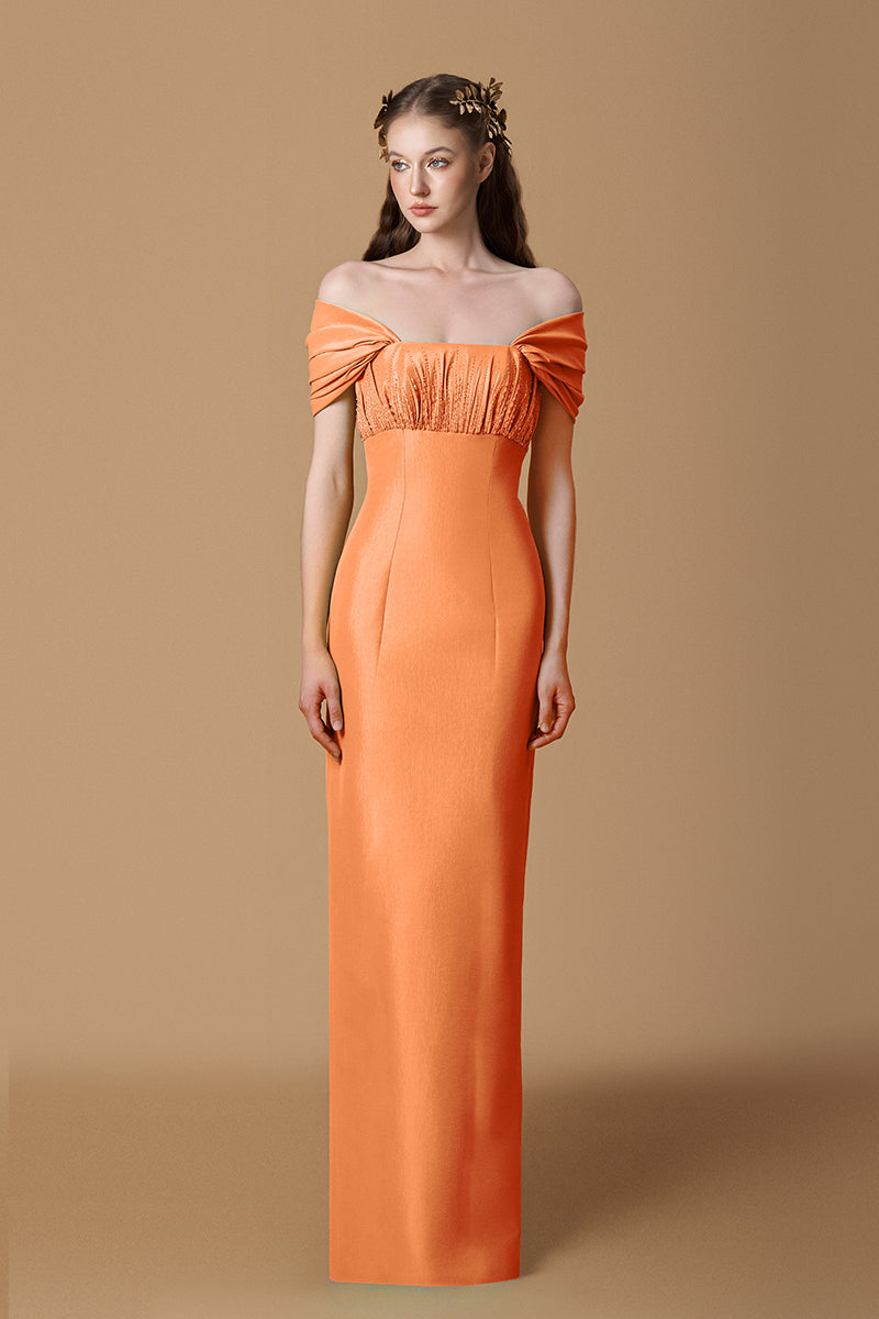 Bustier Column Gown With Draped Off-Shoulder Details In Taffeta | I.H.F ATELIER