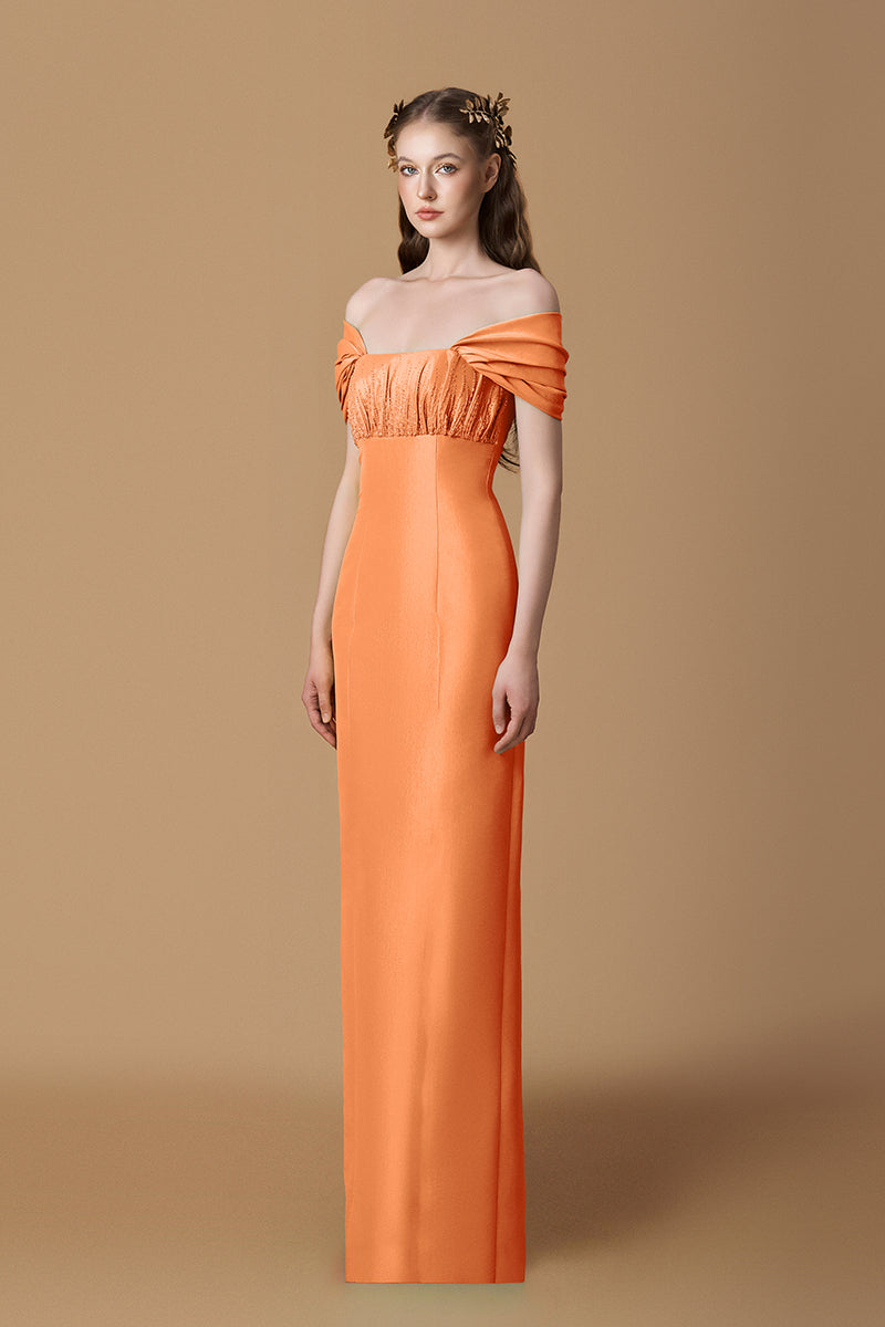 Bustier Column Gown With Draped Off-Shoulder Details In Taffeta | I.H.F ATELIER
