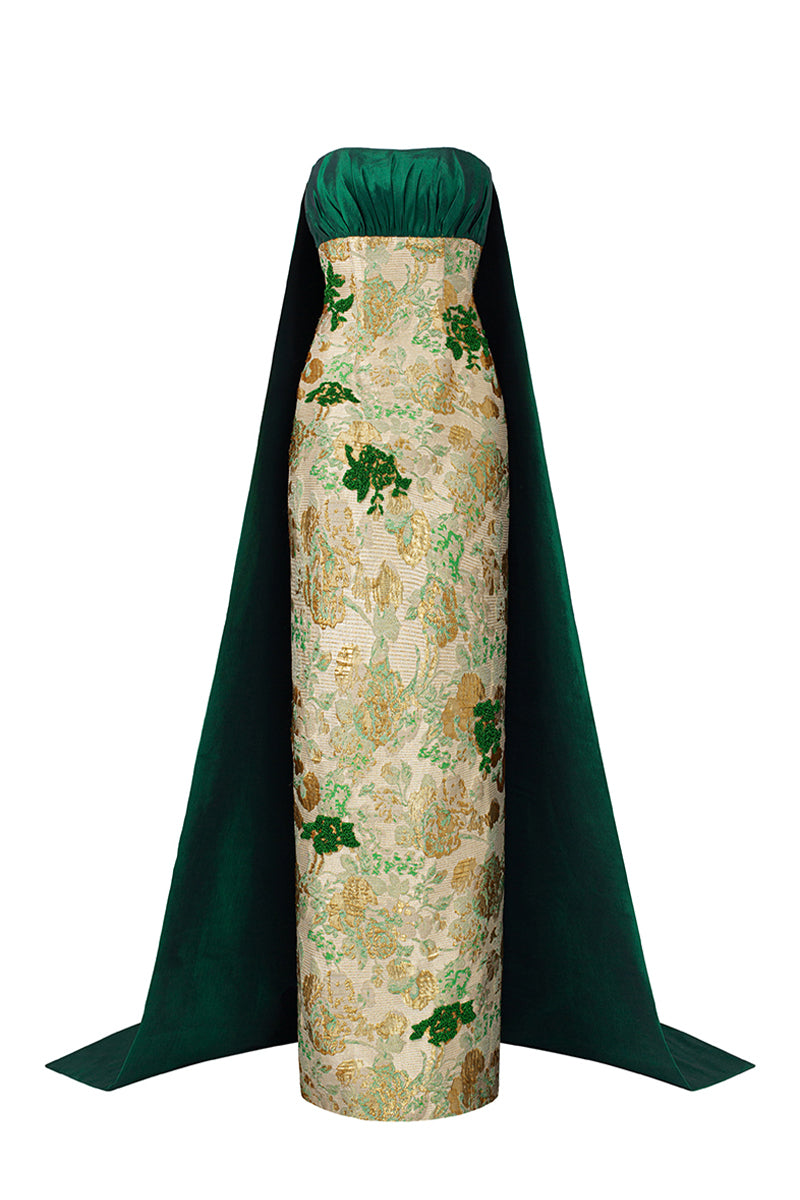 Bustier Column Gown With Long Back Train In Green Floral Metallic Jacquard | I.H.F ATELIER