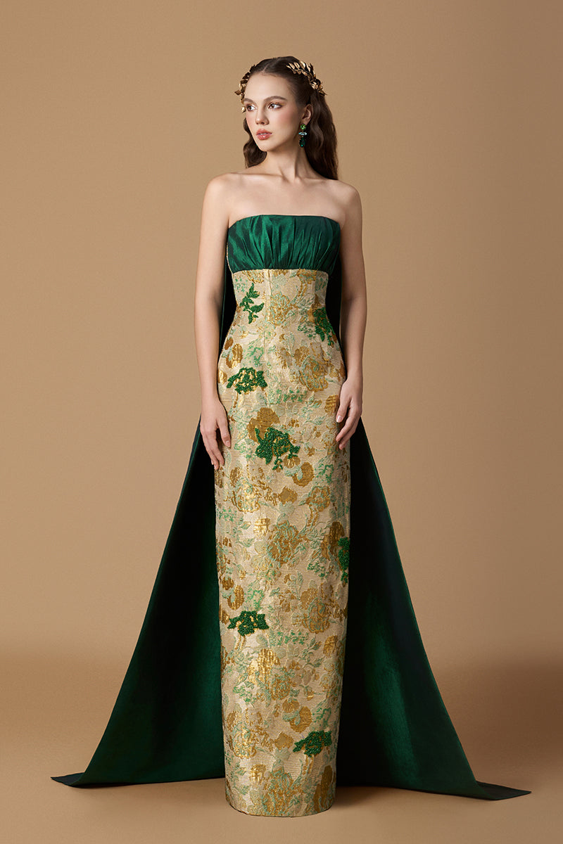 Bustier Column Gown With Long Back Train In Green Floral Metallic Jacquard | I.H.F ATELIER