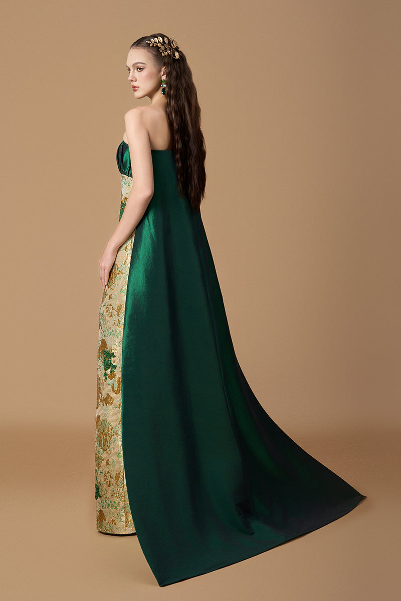 Bustier Column Gown With Long Back Train In Green Floral Metallic Jacquard | I.H.F ATELIER