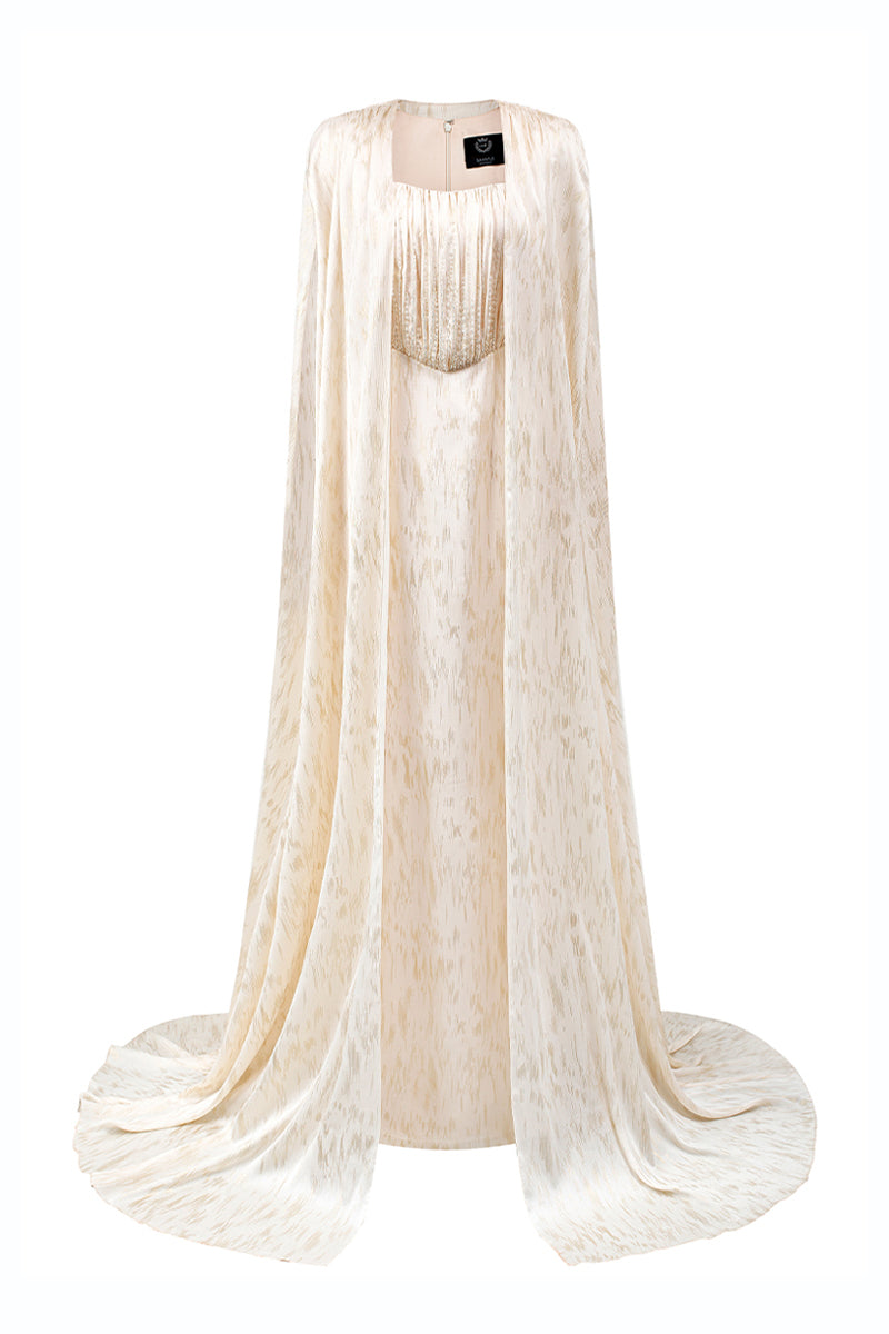 Bustier Column Gown With Long Cape In Ivory Metallic Striped Chiffon | I.H.F ATELIER