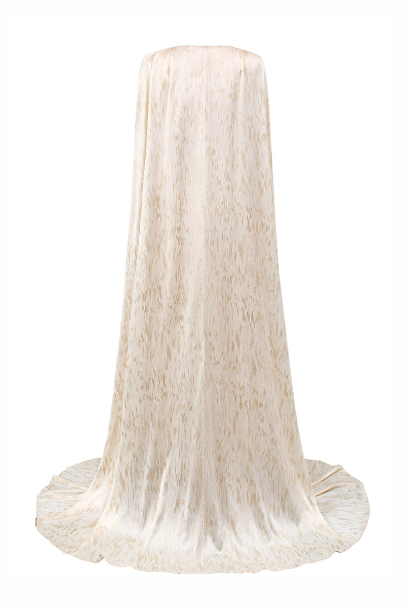 Bustier Column Gown With Long Cape In Ivory Metallic Striped Chiffon | I.H.F ATELIER