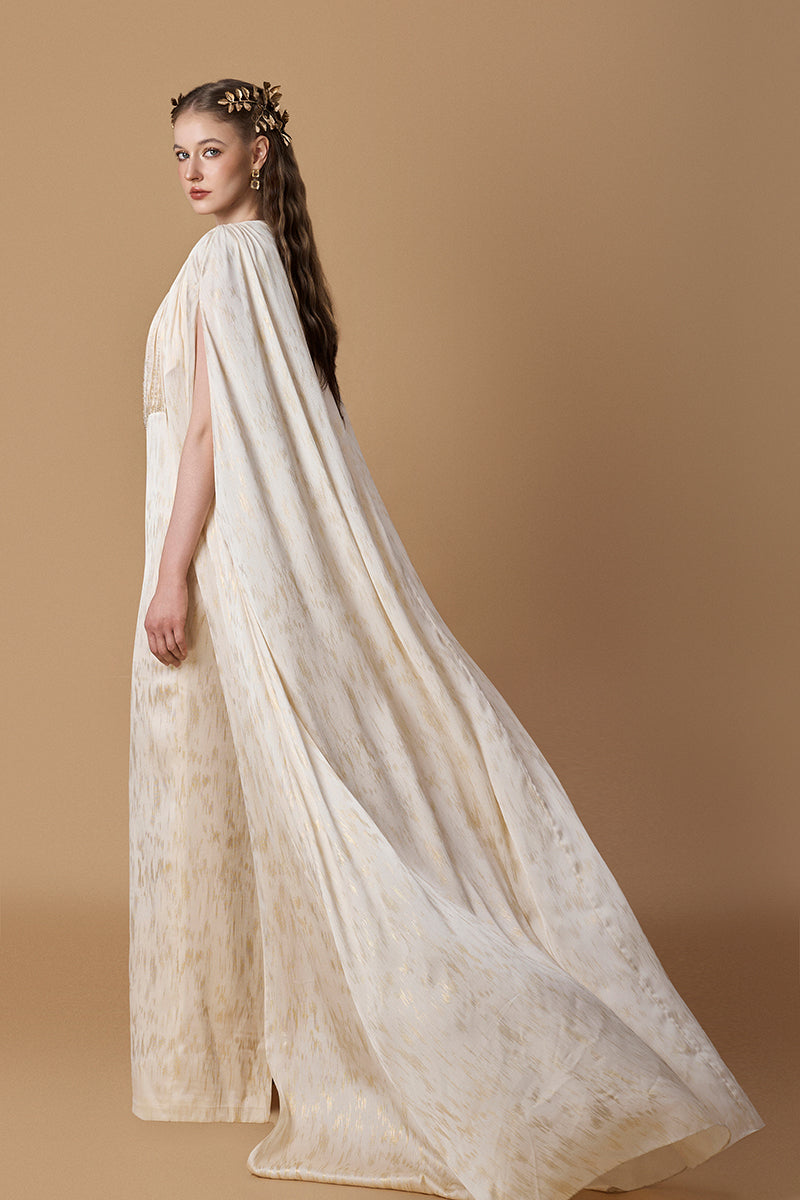 Bustier Column Gown With Long Cape In Ivory Metallic Striped Chiffon | I.H.F ATELIER