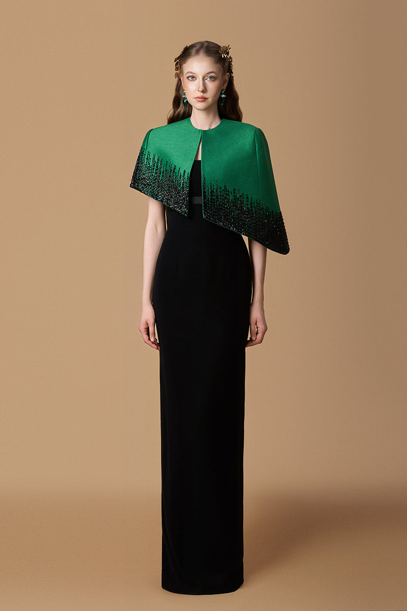 Bustier Column Gown With Mini Cape In Dark Green Taffeta & Black Crepe | I.H.F ATELIER