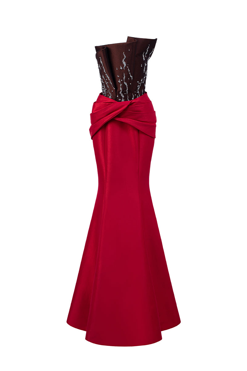 Bustier Mermaid Gown With Draped Details In Brown And Red Taffeta | I.H.F ATELIER