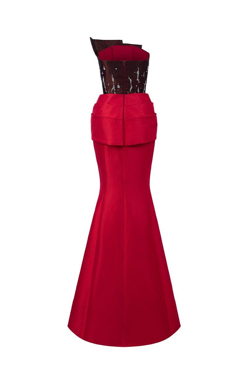Bustier Mermaid Gown With Draped Details In Brown And Red Taffeta | I.H.F ATELIER