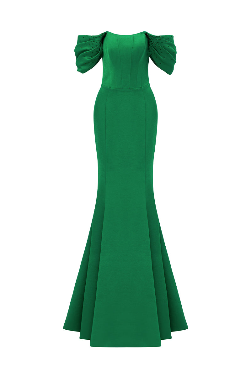 Bustier Mermaid Gown With Off-Shoulder Draped Sleeves | I.H.F ATELIER