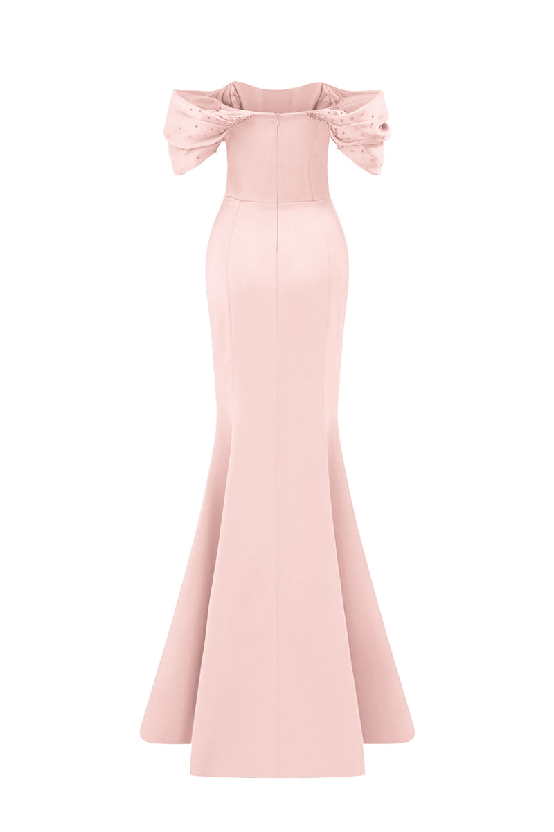Bustier Mermaid Gown With Off-Shoulder Draped Sleeves | I.H.F ATELIER