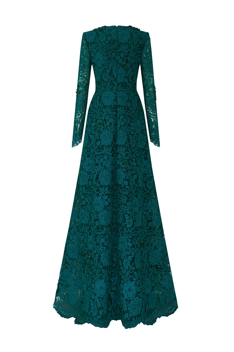 Cobalt V-Neck A-Line Gown With Long Sleeves | I.H.F ATELIER