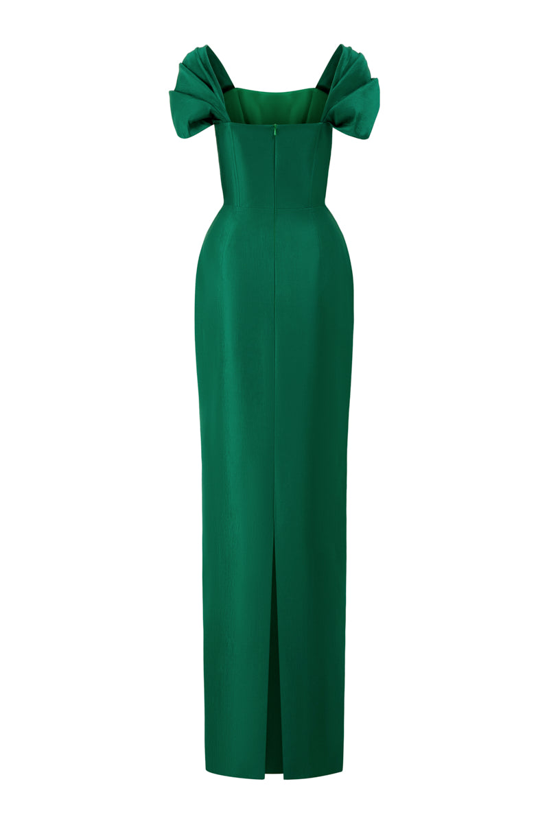 Column Evening Gown With Bustier Bodice And Draped Off-Shoulder Details | I.H.F ATELIER