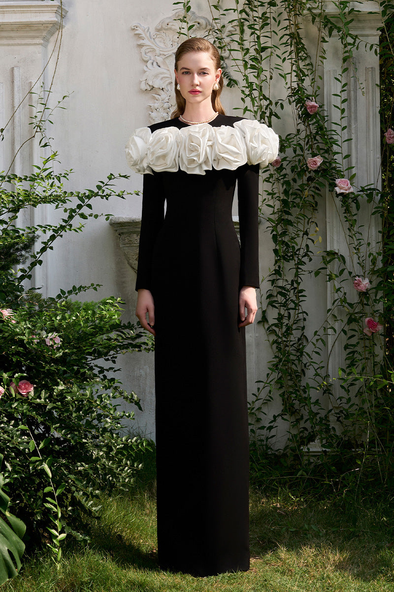 Column Evening Gown With Draped Roses On Chest-Line | I.H.F ATELIER