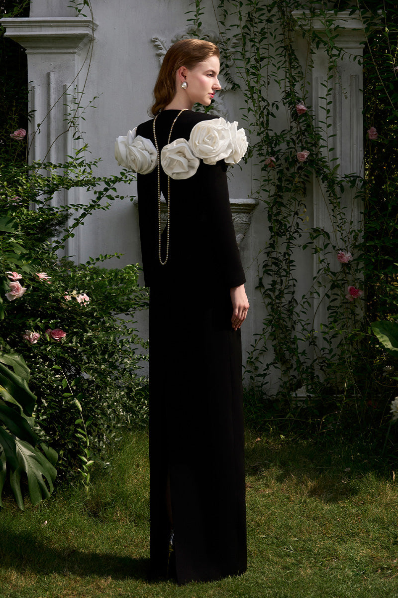 Column Evening Gown With Draped Roses On Chest-Line | I.H.F ATELIER