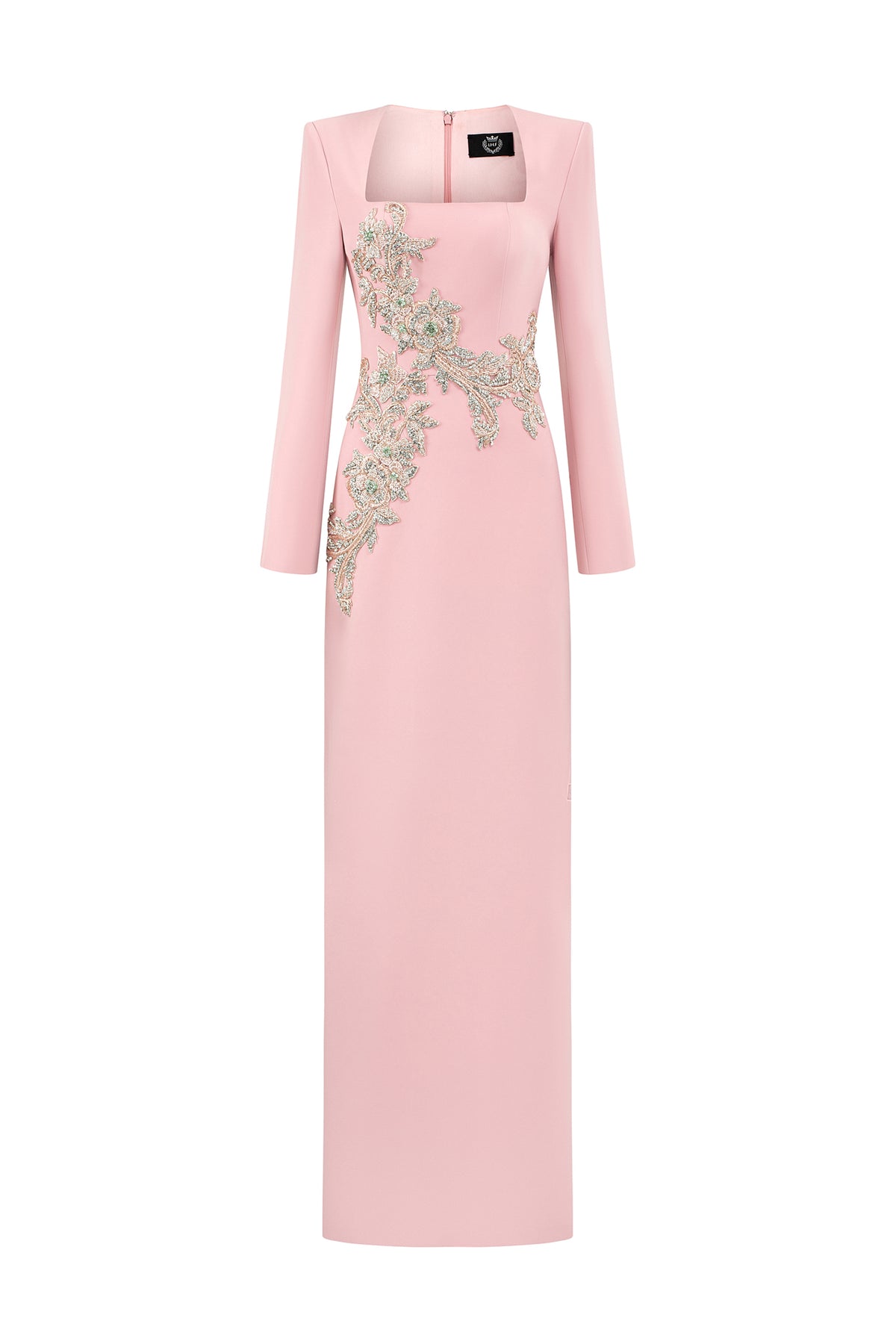Column Evening Gown With Trapeze Neckline And Long Sleeves | I.H.F ATELIER