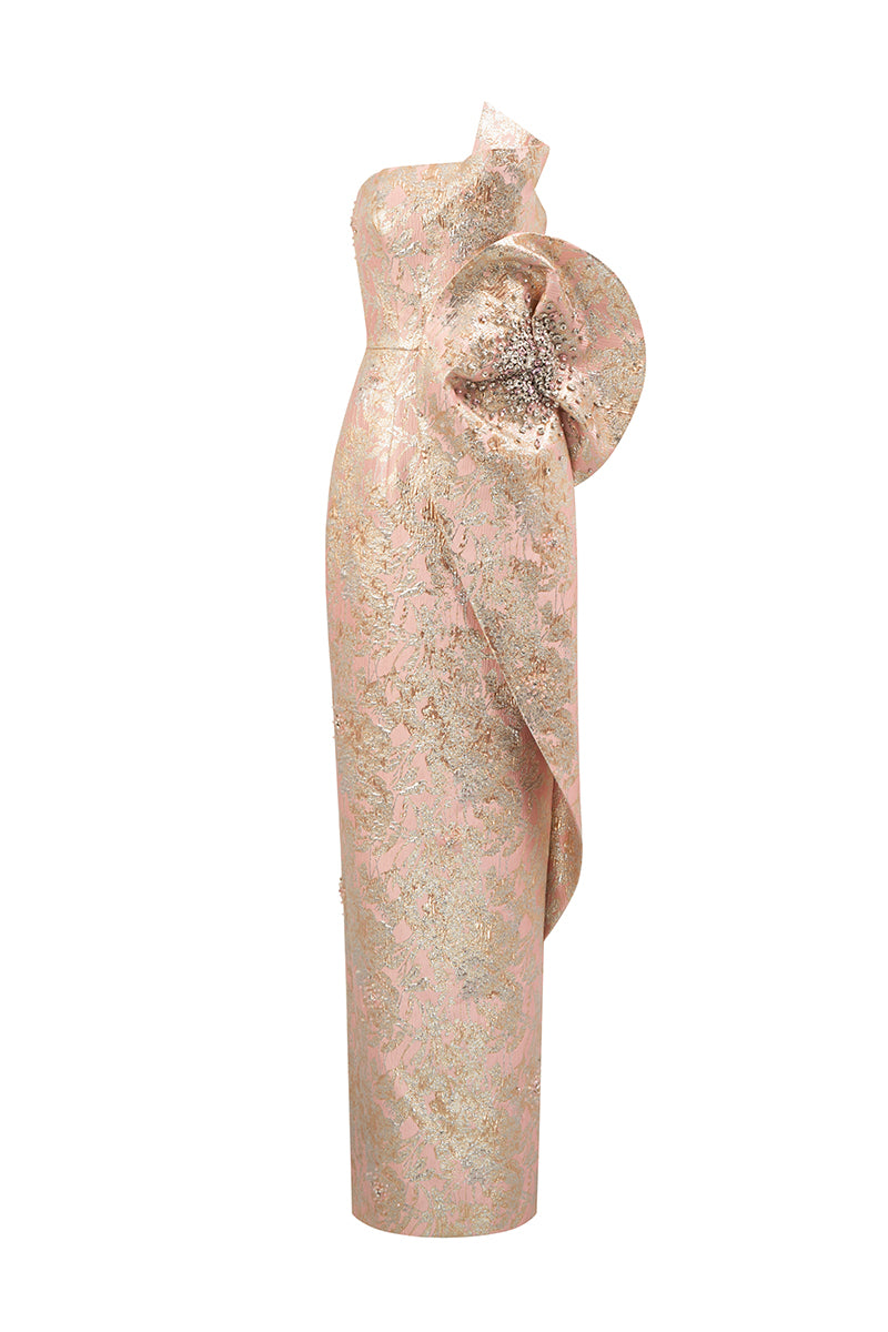 Dipped Dress With Waist Draped Detail In Jacquard | I.H.F ATELIER