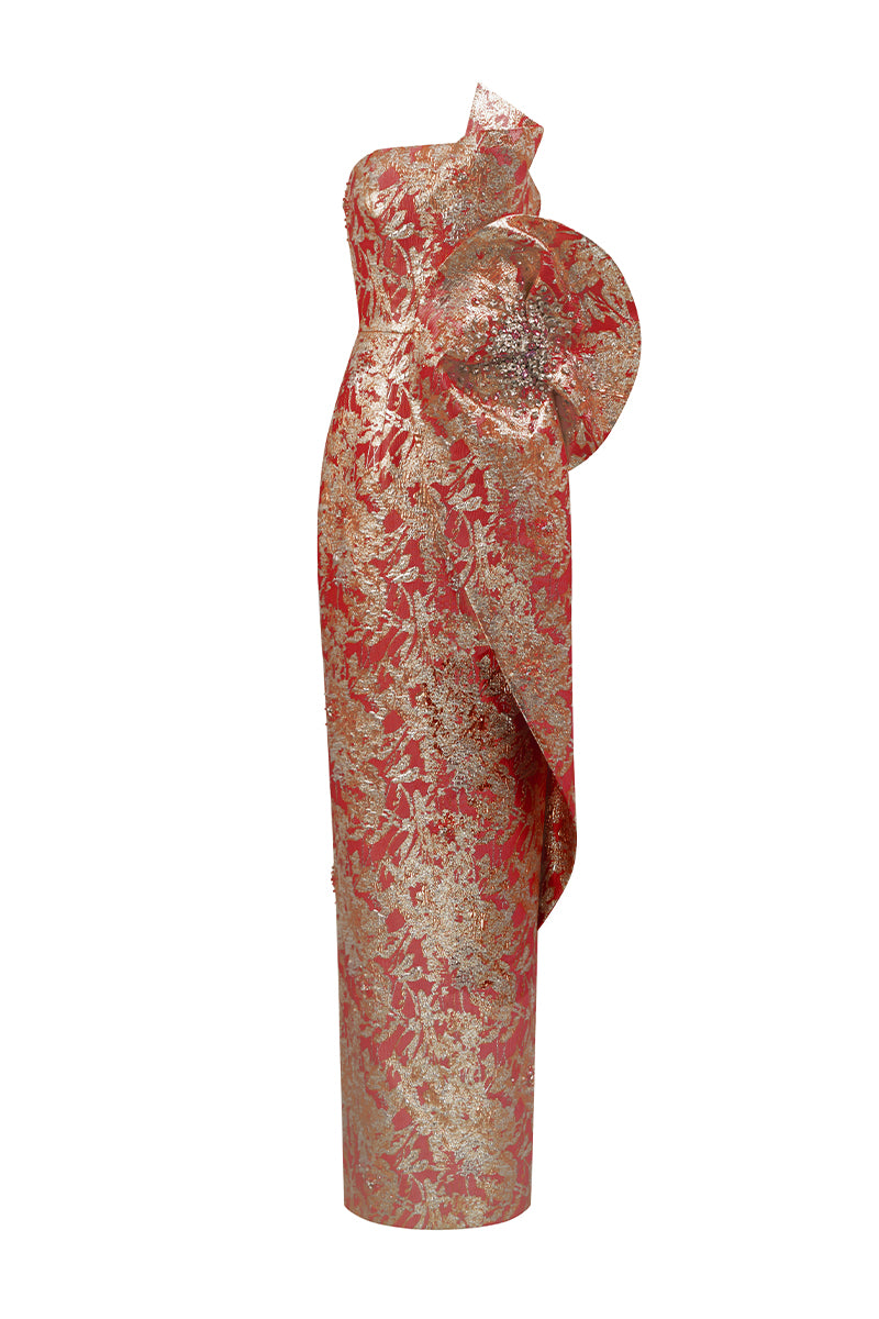 Dipped Dress With Waist Draped Detail In Jacquard | I.H.F ATELIER