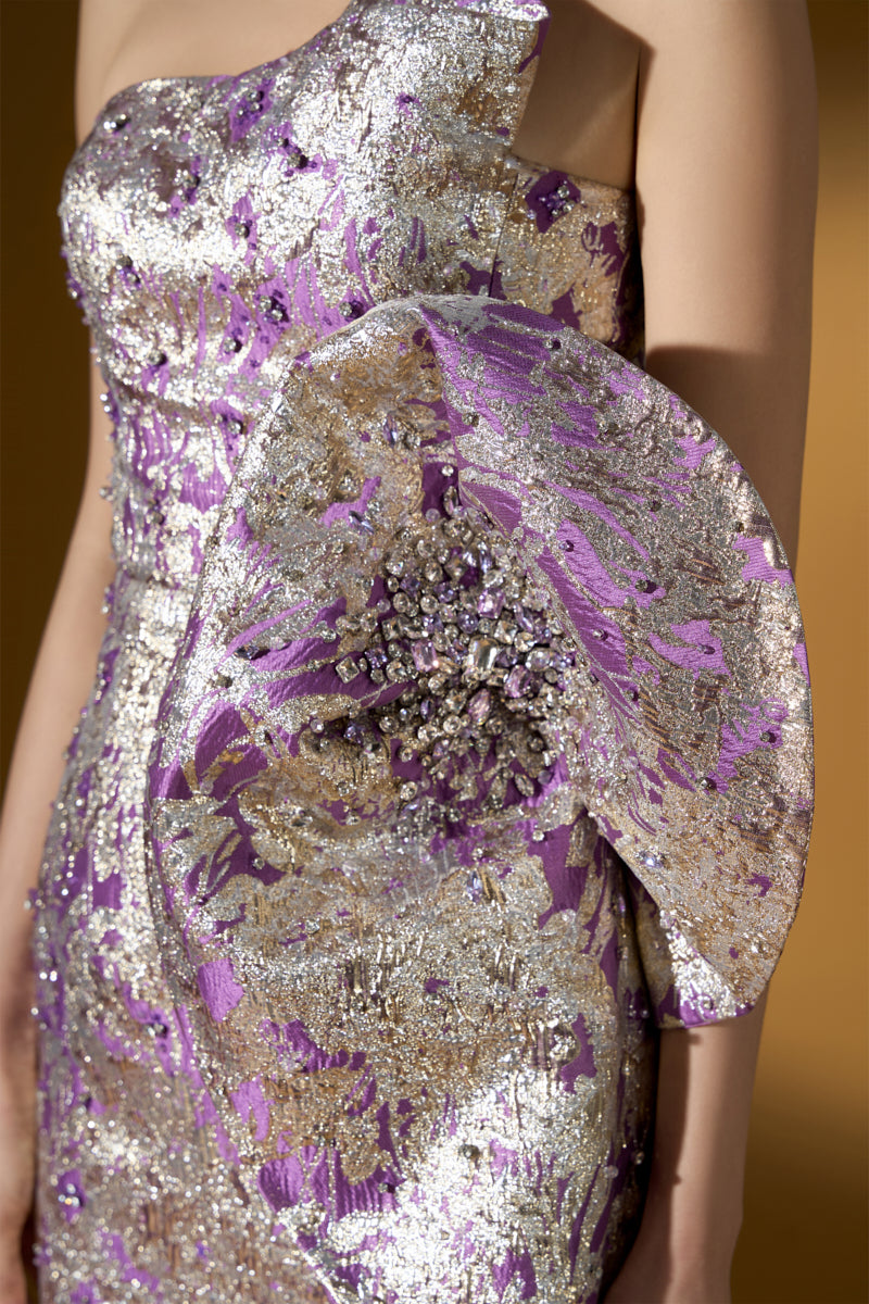 Dipped Dress With Waist Draped Detail In Jacquard | I.H.F ATELIER