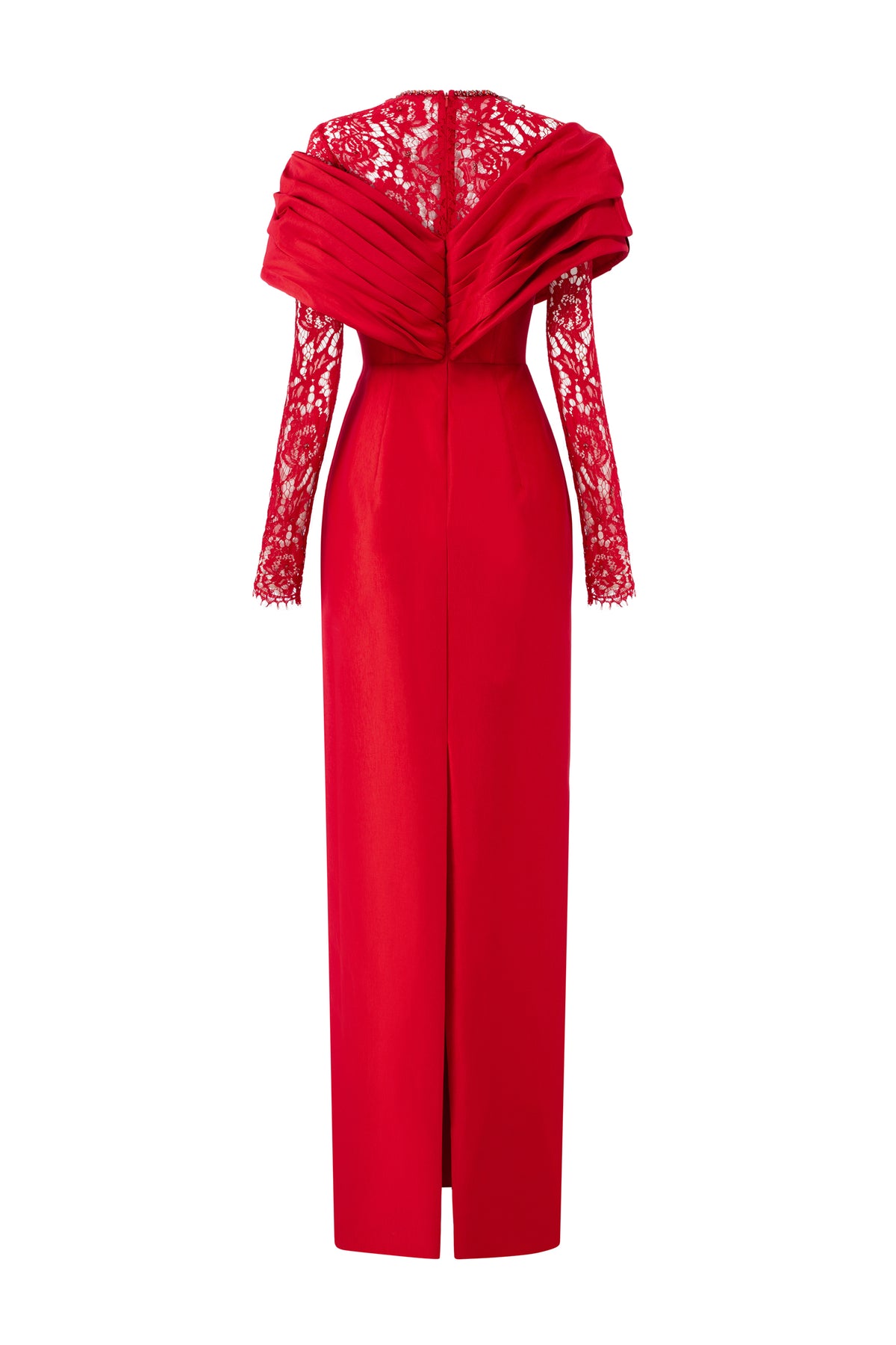 Draped Shoulder Taffeta Gown With Long Lace Sleeves | I.H.F ATELIER